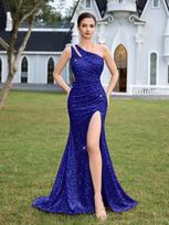 Amazon hot-selling sexy one-shoulder slant-neck suspender evening dress, fashionable high-split sequin dress XS