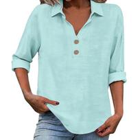 Flash Promo-Women's linen top with three-quarter sleeves, casual and elegant V-neck pullover, button-down shirt light blue XL