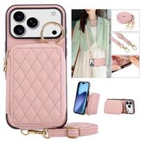 Leather Crossbody Lanyard Phone Case for IPhone 17 Air 16 15 14 13 12 11 Pro Max XS XR 8 7 Plus with Card Holder Zipper Wallet iPhone 13 mini rožinė