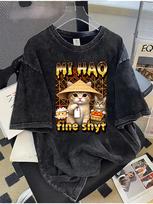 Vintage Washed Cotton TShirt Men Funny Sushi Cat Graphic Tee Retro Acid Wash Short Sleeve Top Hip Hop Style Streetwear TShirt S
