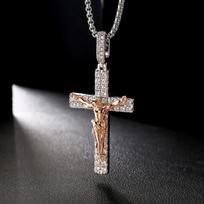 Men Crucifixion Necklace Religious Hip Hop Jewelry Gifts Gold Plated Brass Christian Women Pendant CZ Zirconia Jesus Cross Chain 24inches Silver Rope Chain&Hip Hop