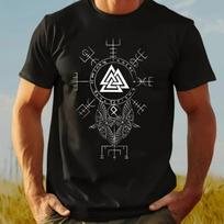 Men Viking Norse Mythology T-Shirt Tee with White Norse Symbols Summer Shirt for Gym Hiking Men Clothing S