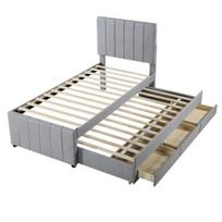 Youth Bed 90x200cm Cotton Linen Fabric Storage with Drawers Pull-out Single Headboard Lines pilka