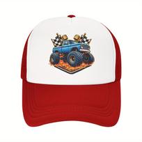 Monster Truck Flames Checkered Flags Trucker Hat Breathable Mesh Baseball Cap for Motorsports Fans One Size white