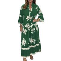 Yousheng Fall Spring Dress Stand Collar Long Sleeves Color Matching Print Pleated Patchwork A-line Loose Hem Ankle Length Dating Daily Wear Maxi Dress XL armijos žalia spalva