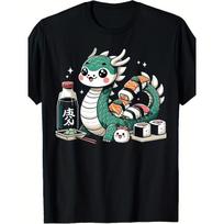Kawaii Sushi Dragon T-Shirt Featuring Japanese Cuisine And Anime Themes, Suitable for Both Men. This Summer 2025 Short-Sleeve Tee Is Made of Pure S juoda