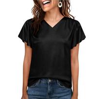 Women's Fashionable Color V Neck Pleated Loose Ruffle Short Sleeved Shirt Top L juoda