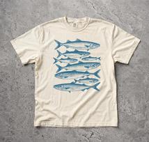 Blue Sardines Fish Lino Print Comfort Colors T-Shirt, Retro Ocean Life Graphic Tee M