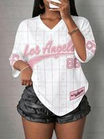 Women's Los Angeles NO.86 Print V-Neck Short Sleeve T-Shirt Summer Graphic Tee Baseball Jerseys Plus Size Sport T-Shirt 5XL