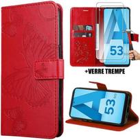 Case - BOOLING - for Samsung Galaxy A53 5G - Red - Butterfly Pattern - Leather Effect- with 2 Tempered Glasses raudona