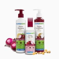 Mamaearth Anti Hair Fall Spa rinkinys su svogūnų šampūnu 250 ml + kondicionieriumi 250 ml + plaukų aliejumi 150 ml tirštiems, glotniems plaukams