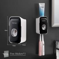 HOMZY Automatic Toothpaste Dispenser Wall-Mounted Bathroom Toothpaste Squeezer Punch-Free Toothbrush Holder Rack Bathroom Acces juoda