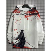 Men's Japanese Samurai Print Hoodie Men's and Women's Casual Fashion Hoodie Street Tops S