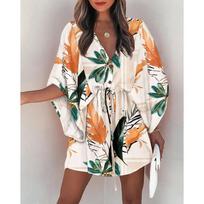 Summer  Drawstring Tie-Up Mini Loose Dress  Print Batwing Sleeve Beach Dress Sexy Button V Neck female Party Coverup XS