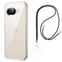 Case and neck strap for Google Pixel 9a - Transparent Soft TPU Adjustable Black Cord Phonillico® juoda