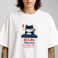 Cute Cat DJ Tokyo Japan Oversize Deep Drop Shoulder Tee, Cat Lover Tshirt, Maneki Cat Cool Tshirt, Japanese Streetwear Shirt Cat Tee, Dj Tee 4XL