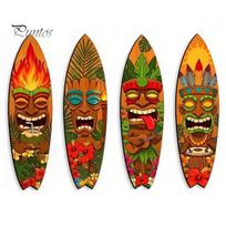 Smooth Round Edge Carved Wood Craft 4Pcs Tiki Surfboard Wall Decor, Hanging Sign, Wooden Beach Decoration, Summer Nordic French Vintage Home Art Theme A