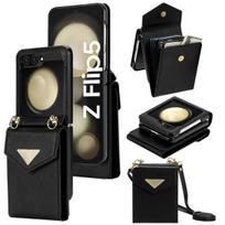 Odinis rankinis telefono dėklas Samsung Galaxy Z Flip 6 5 4 3 Flip6 Flip5 Flip4 Flip3 piniginei su kortelių laikikliu, apsauginis dangtelis For Galaxy Z Flip5 juoda