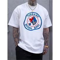 Casual Crew-neck White T-shirt, Featuring the Torrano Beisbol Birds Logo and a Blue Fish Pattern, Designed in a Regular Fit for Men S balta