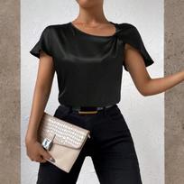 Women's Fashionable Loose-fitting Versatile Satin Knotted Short-sleeved Top L juoda
