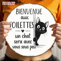 Retro Round Cat Litter Box Sign x Metal Wall Art for French Bathroom 20x20cm(8x8inch)
