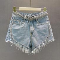 Summer new thin denim shorts women's tide slim and thin heavy industry rhinestone fringed rough edge hot pants S mėlyna