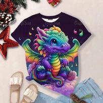 Moterų animacinis drakono marškinėlis Madingas 3D marškinėlis Madingas beveik trumpomis rankovėmis Streetwear marškinėliai Laisvalaikio moteriški viršutiniai drabužiai XL