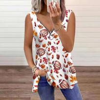 Women's Top Summer Fallen Leaves Printed Casual Plus Size Sleeveless Zipper V-neck Top Tank Top XS balta