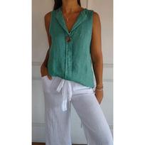 Women's Independent Station Fake Cardigan V-neck Cotton Linen Sleeveless Casual Shirt S žalia