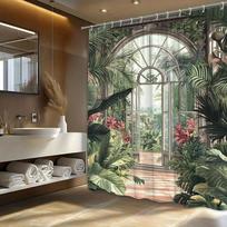 ~O~1pc Lush Tropical Greenhouse Shower Curtain - Arched Frames, Vibrant Greenery & Sunlit Design, Pink & Red Flowers, Polyester W90XH180cm