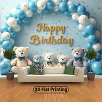 2D Cute Teddy Bear Backdrop,  Happy Birthday  Blue Balloons Party Background 47.2x31.5inch/120*80cm