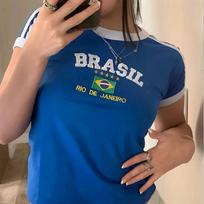 Women Brasil Rio De Janeiro Ringer T Shirt Brazil Flag Slim Fit Top XL