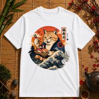 Cat Sushi Wave Tee – Japanese Ukiyo Style Graphic T-Shirt L
