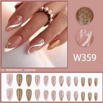 Full Cover Press On Nails Set with Adhesive Glue Included Long Coffin Shape Artificial Nails with Glitter and Stripe Design for Nail Art Decoration One Size