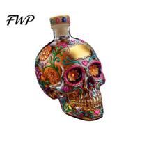 Halloween Skull Decor Gothic Decanter, Hand Painted Glass Liquor Bottle with Floral Ornate Water Design, 3D Carved Wine Dispenser for Home Bar, 1pc