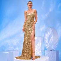 Luxurious gold sequin strap deep V evening gown, high slit mermaid long banquet host dress XS auksas