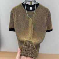 Blizgus šilkinis vyriškas trumpomis rankovėmis T-shirt su apvalia apykakle Vasaros mada Hip Hop Punk Oversize Streetwear Auksinis Sidabrinis vakarėlis XS auksas