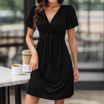 Women's Fashion Casual Dress V-neck Short Sleeve Kink -Color Dress L juoda