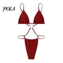 Hot Girl Bikini Sexy One-piece Bikini, Ultra-Thin Triangular Cup Hollow Back Design Wire-free Tops with High-Cut Pleated Trunks, Adjustable S raudona
