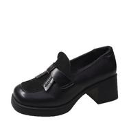 Autumn new high-heeled small leather shoes women's black thick-heeled single shoes women's skirt thick sole 34 juoda