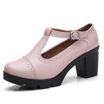 Fashion British Style Round Toe Mary Jane Shoes Leather Hollow Out Sqaure Heels Platform Retro Women's Dance Shoes 34