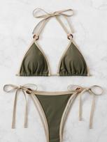 Seksualus moteriškas vienspalvis tankini maudymosi kostiumas, su kaklu pririšamas bikini maudymosi kostiumas, dviejų dalių maudymosi kostiumas su šoninėmis juostelėmis S alyvuogių žalios spalvos