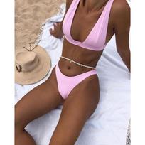 Women's Cream Plunge V Neck Bikini Set High Cut Thong Minimalist Swimwear S rožinė