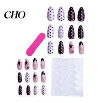 Reusable Fake Nails 1 Set Women Press on with Glue Almond French Tip Stick-on Non Irritating Full Cover False Decoration 7