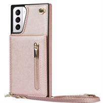 Zipper Wallet Case for Samsung Galaxy S21 S23 FE S22 S24 S25 S26 Plus Note 20 Ultra Card Holder Lanyard Crossbody Leather Cover Galaxy S26 rožinio aukso spalvos