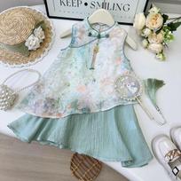 Girls' Sleeveless Hanfu-Style Embroidered Summer Dress - CM1208 Size 140 žalia