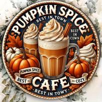 x Inch Round Iron Pumpkin Spice CoffeeThemed Metal Wall Art Sign Decorative Plaque for Home Kitchen Bars Cafes Clubs Wall Dec 20x20cm(8x8inch)