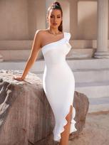 Amazon's new bandage dress evening dress fashion fungus edge one shoulder white dress banquet party group M balta