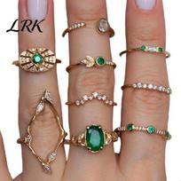 Vintage Green Stone Ring 9Pcs/Set Women Set, Multiple Styles Adjustable Stacking Rings, Stackable Retro Style Rings Finger Band with Rhinestones Inlay auksinė