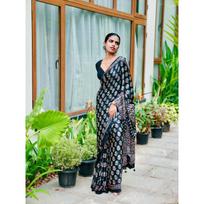 Elegant Soft Satin Crepe Ajrakh Print Saree with Real Mirror Work